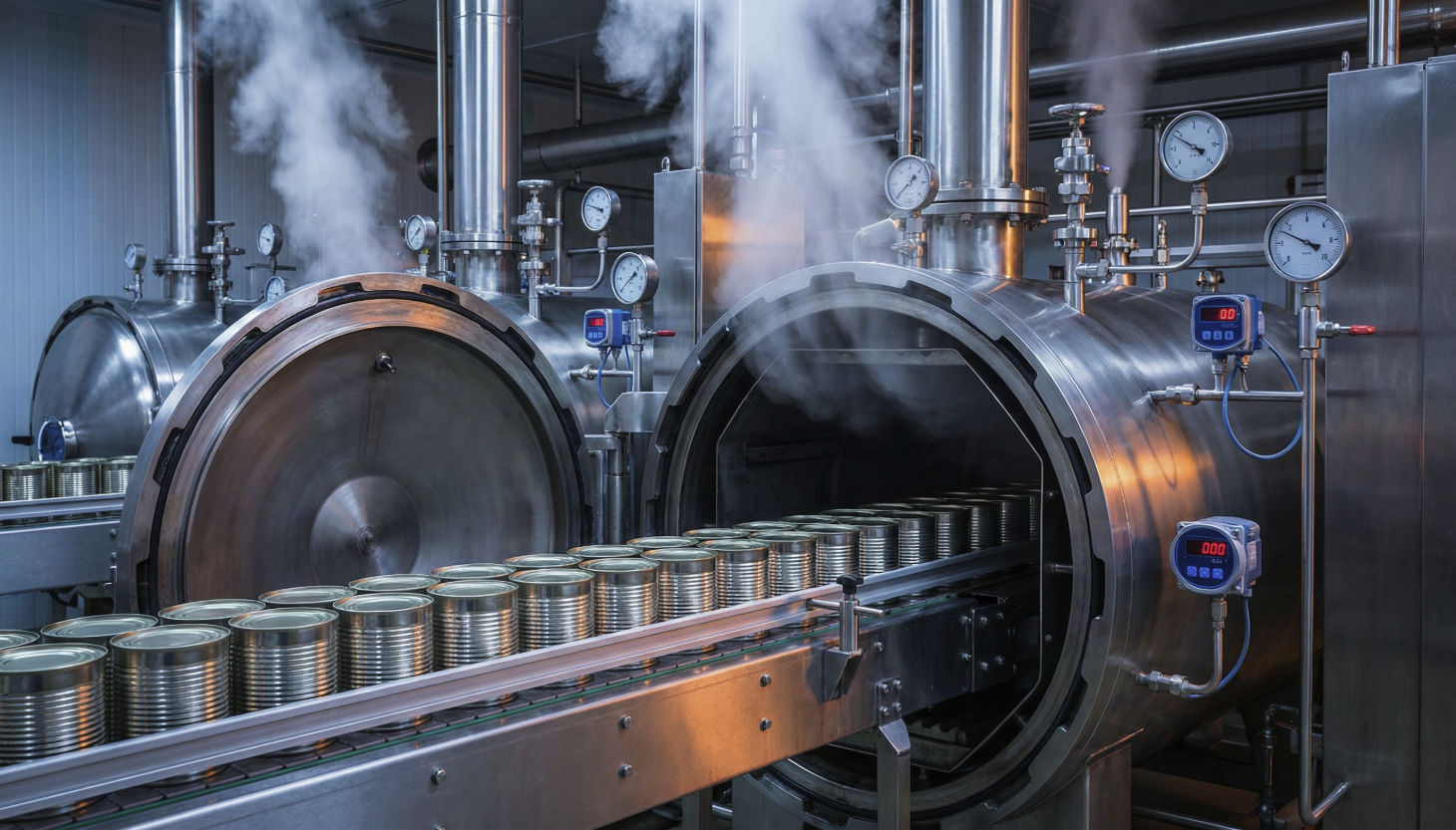 Featured Image Prompt Photorealistic, high-resolution image inside an industrial food canning facility. Sealed metal cans moving through a large commercial retort system, with visible steam and pressure indicating thermal processing. Focus on the concept of containment and control: tightly sealed lids, stainless steel equipment, gauges and sensors monitoring temperature and pressure. No people visible, no text, no labels. Lighting is controlled and serious, with a clean industrial palette of steel, muted blues, and warm steam highlights. The mood conveys high-stakes food safety, precision engineering, and zero-tolerance risk control. Composition should feel authoritative, technical, and regulatory-grade, suitable for an executive food safety article about Clostridium botulinum control and low-acid canned food validation.